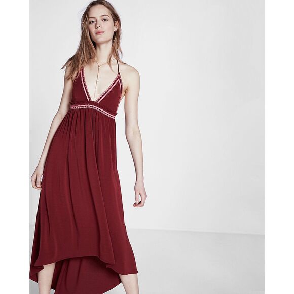 EXPRESS Women’s Merlot Red Contrast Embroidered Trim Halter Maxi Dress Size XS - Picture 1 of 9